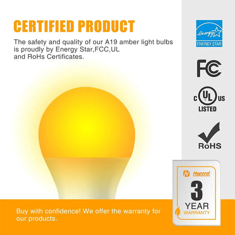 Amber A19 Light Bulbs 9W 60W Equivalent Soft Warm 1800K Dimmable Night Light Blue Light Blocking Certified Product