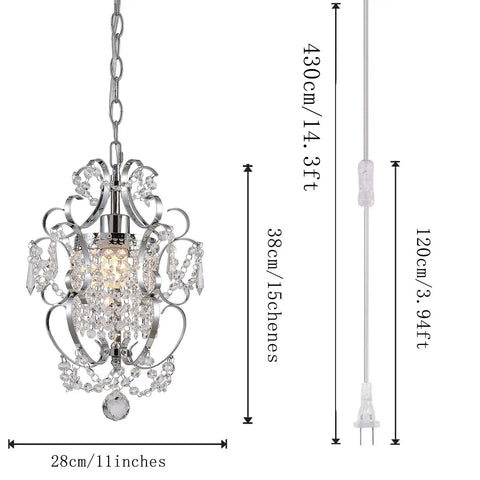 Dimensions of Plug In Chrome Crystal Chandelier With 14.3 Ft Cord And On Off Switch, Mini Hanging Light Fixture For Bedroom