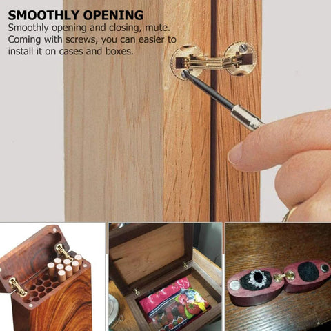 Two-pack copper hidden bracket hinge installed on wood cabinet door; close-up view.