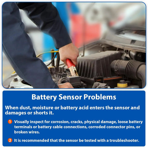 Person inspecting battery sensor with jumper cables in Chrysler engine; Heavy Duty Battery Current Sensor And Power Monitor Swap Fast On Chrysler Dodge Jeep Rigs To Keep Her Purring Smooth With Zero Hassle Rock Solid Oem Fitment Guaranteed.