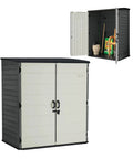 Massive 106 Cu Ft Vertical Outdoor Storage Shed With Floor And Lockable Double Doors displaying garden tools inside, black and white design