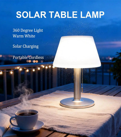 Solar Powered Outdoor Table Lamp With 3 Way Dimmable LED on patio table during evening, cordless eye caring desk light in use.