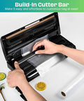 Hands using kitchen vacuum sealer with built-in cutter bar, sealing bag, focus: Kitchen Vacuum Sealer That Keeps It Fresh For Dry And Moist Foods With Seal Bags And Rolls Airtight Preservation System For Meat Leftovers And Freezer Storage