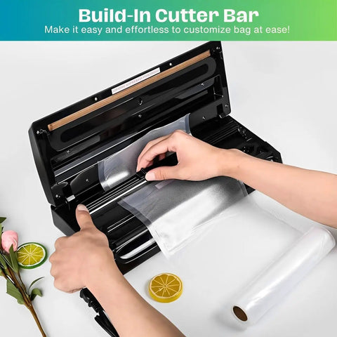 Hands using kitchen vacuum sealer with built-in cutter bar, sealing bag, focus: Kitchen Vacuum Sealer That Keeps It Fresh For Dry And Moist Foods With Seal Bags And Rolls Airtight Preservation System For Meat Leftovers And Freezer Storage