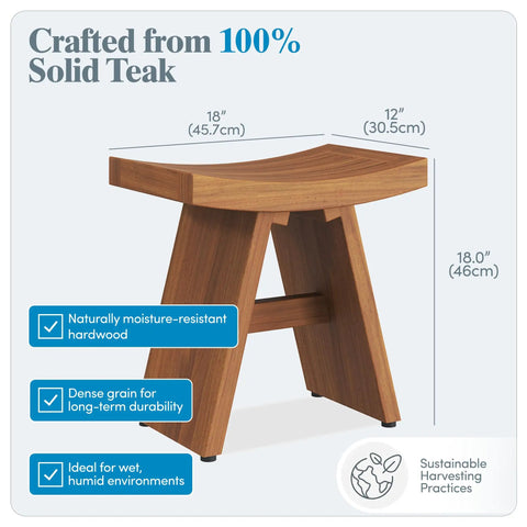 18-Inch Teak Shower Bench For Small Bathrooms And Outdoor Showers, crafted from solid teak, shown with size dimensions and features.