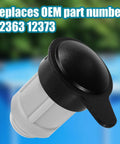 Close-up of black air jet valve and cap replacement for above ground pools. Replaces OEM part numbers 12363 12373.