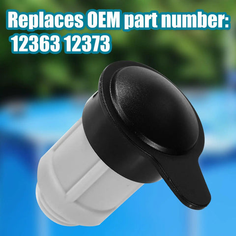 Close-up of black air jet valve and cap replacement for above ground pools. Replaces OEM part numbers 12363 12373.