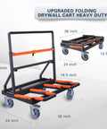 Super Heavy Duty Folding Panel Dolly And Glass Drywall Transport Cart With Fully Padded Non Scratch Surfaces and Secure Tie Downs, dimensions displayed.