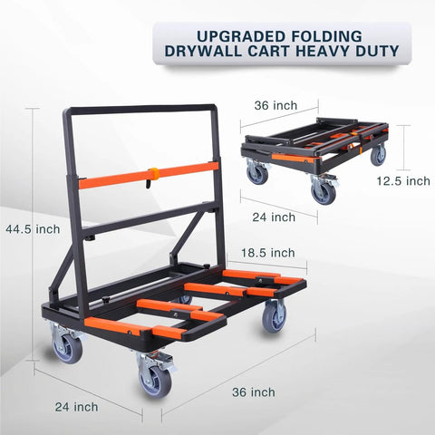 Super Heavy Duty Folding Panel Dolly And Glass Drywall Transport Cart With Fully Padded Non Scratch Surfaces and Secure Tie Downs, dimensions displayed.
