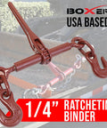 Heavy Duty Ratchet Chain Load Binder Two Pack Built Tough With Forged Grab Hooks On Both Ends Fits One Quarter To Five Sixteenths Inch Chain 2600 Lbs Working Load Limit Tie Down Gear with red forged hooks on a trailer bed