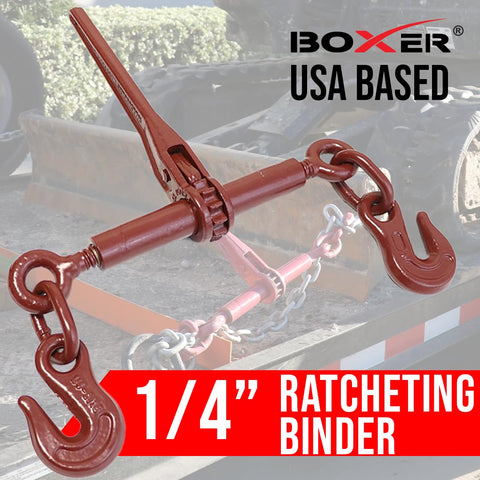 Heavy Duty Ratchet Chain Load Binder Two Pack Built Tough With Forged Grab Hooks On Both Ends Fits One Quarter To Five Sixteenths Inch Chain 2600 Lbs Working Load Limit Tie Down Gear with red forged hooks on a trailer bed