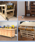 Heavy Duty Workbench Caster Kit Set Of Four Featuring Retractable Step Down Wheels on a wooden table with tools.