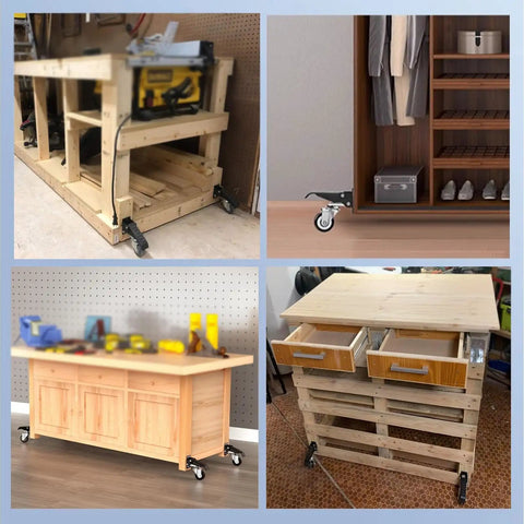 Heavy Duty Workbench Caster Kit Set Of Four Featuring Retractable Step Down Wheels on a wooden table with tools.