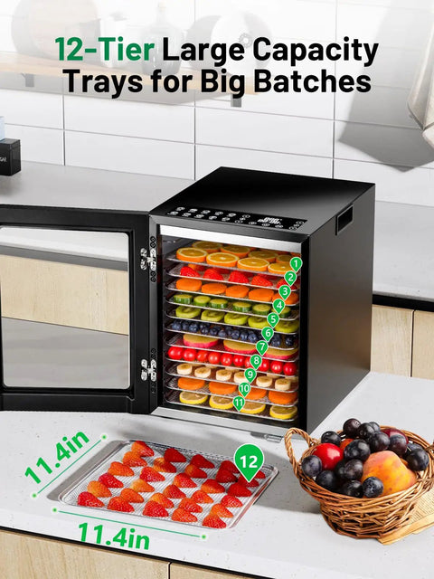Food Dehydrator For Jerky And More With 12 Stainless Steel Trays in kitchen showing fruit trays and dimensions