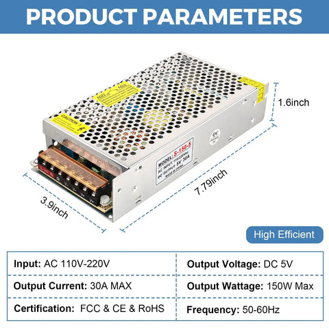 Beefy 5V 30A 150W DC Switching Power Supply For LED Driver With 110V 220V Input Selectable Voltage And Heavy Duty Durable Performance For LED Strips Signs And DIY Projects aluminum enclosure with dimensions