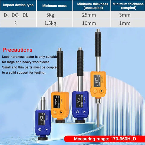 7 in 1 Hardness Tester Kit for Metals with Rockwell Scales HL HV HB HRC HRB HRA HS, Pro Grade Carbide Impact Probe, 9 Set Data Storage, Durable Durometer Meter for Manufacturing and Metal Processing, Model LS252C, impact device size guide
