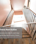 Indoor staircase with stainless steel railing, showcasing potential use of Beefy Stainless Steel Threaded Lag Screws With Spanner For Left And Right Heavy Duty Cable Deck Railing Screws For Outdoor Wood Railings And Rope Wire Tensioning.
