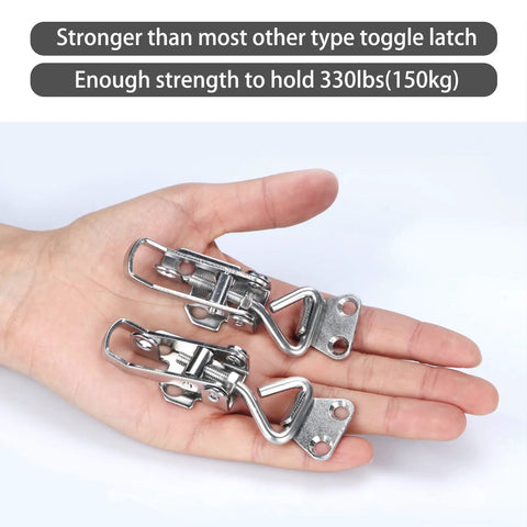 Hand holding 2 Pack Stainless Steel Toggle Latch Clamp For Cabinets And Boat Anti Rattle Lockable Hinge Fastener With Mirror Finish Marine Grade 316 Stainless Steel