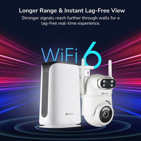 Wireless Dual-Lens 2K Outdoor Security Camera System with 360 Degree PTZ beside WiFi 6 router