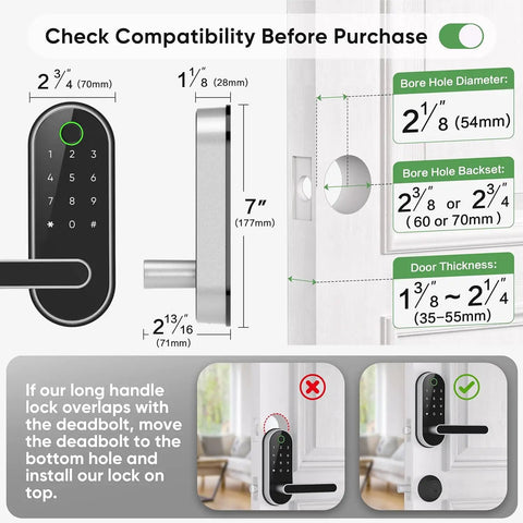 Diagram showing measurements for Smart Lock With Fingerprint And Code Access For Keyless Entry, Biometric Door Handle.