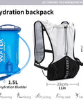 Ultralight Hydration Vest Backpack With 1.5L Water Reservoir and mesh panels, dimensions shown with hydration bladder