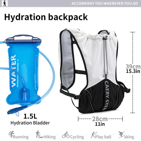 Ultralight Hydration Vest Backpack With 1.5L Water Reservoir and mesh panels, dimensions shown with hydration bladder