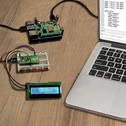 Raspberry Pi Pico Starter Kit With Breadboard I2C 1602 LCD Display Module And 9g Micro Servo for hands-on projects with laptop.
