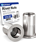 1/4-20 Aluminum Rivet Nuts Set With Threaded Inserts Rivnuts UNC Nutserts, 28 Pieces displayed with packaging