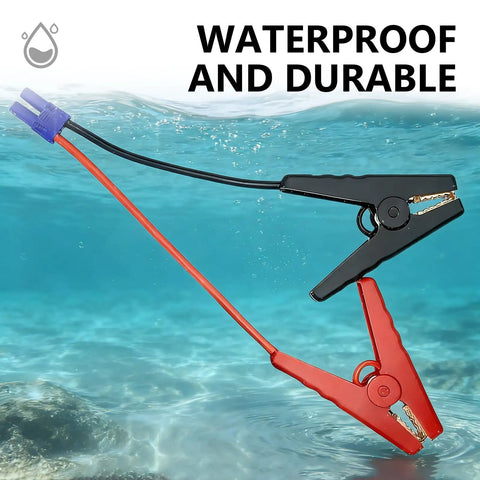 High Capacity EC5 Jump Starter Replacement Cables For 12V Rigs With Smart Connector Clamps and grippy alligator heads submerged in water.