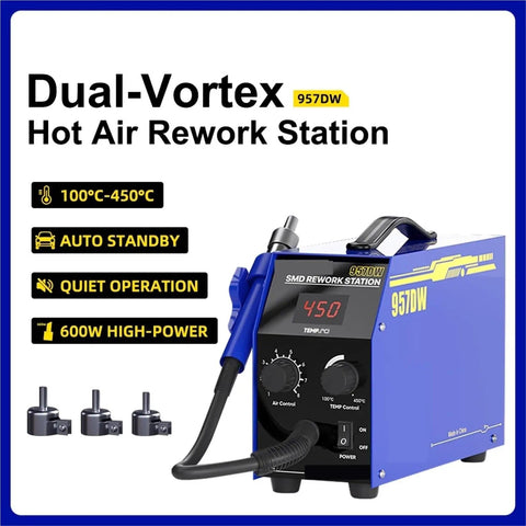 Image of 600W SMD SMT Hot Air Rework Station for phone motherboard and PCB welding, with precise temperature control and quiet operation.