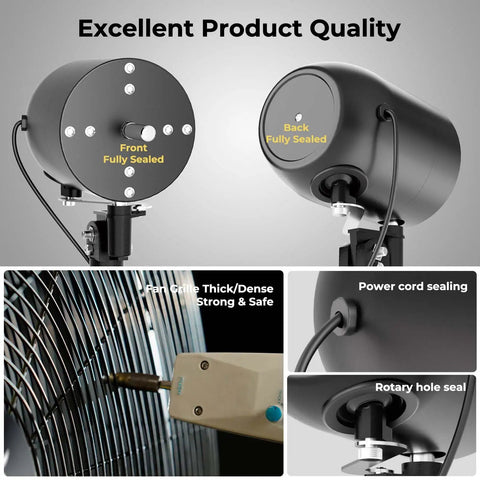 Outdoor Oscillating Wall Mount Fan With Remote, 24 Inch, featuring fully sealed motor housing and thick grille for durability