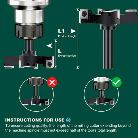 Diagram illustrating the proper use and installation of a Spoilboard Surfacing Router Bit With Half Inch Shank And Three Inch Cutting Diameter, Four Wing Carbide Slab Flattening Bit For Woodworking And CNC Routers, High Speed Planing For Fast Clean Surfaces.