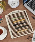 20 Slot Laser Engraving Jig For Pencils, Wood Pencil Fixture on desk with stationery, precision centering, sturdy wood build