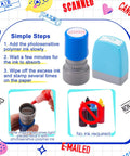 Instructions for Top Shelf Fourteen Piece Self Inking Office Stamp Set featuring SCANNED and PAID stamps in blue and gray design.