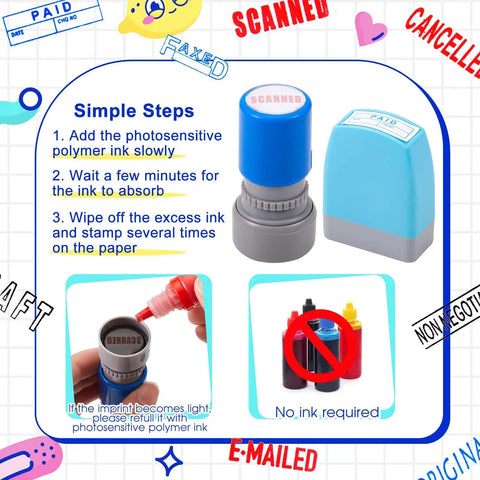 Instructions for Top Shelf Fourteen Piece Self Inking Office Stamp Set featuring SCANNED and PAID stamps in blue and gray design.