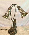 Mermaid And Lily Flowers Tiffany Style Stained Glass Accent Table Lamp 20 Inch Tall Elegant Nightstand Light With Warm White Glow