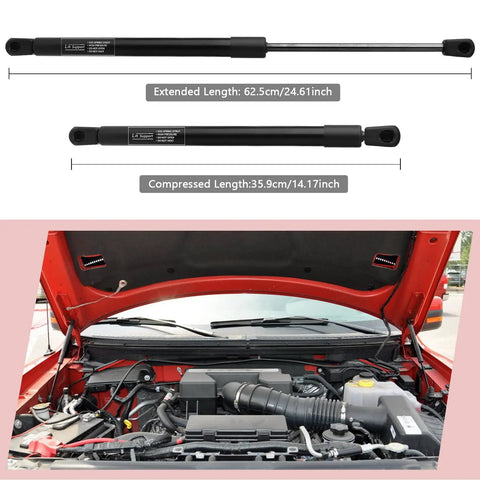 Heavy Duty Front Hood Gas Struts Built Tough As Nails For Toyota Camry 2018 To 2023, showing extended and compressed lengths.