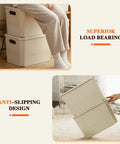 Stacked storage bins showcasing superior load bearing and anti-slipping design, displayed in home interior setting.
