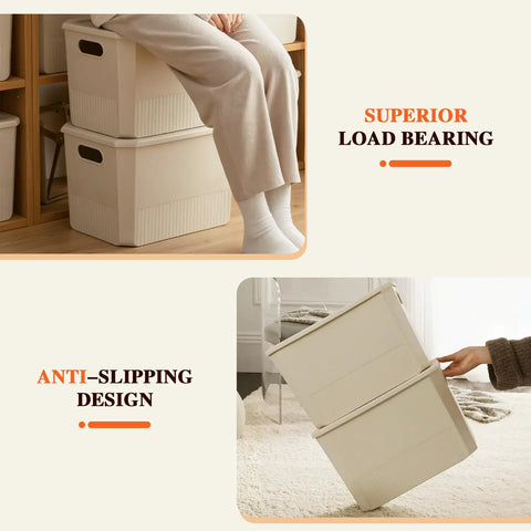 Stacked storage bins showcasing superior load bearing and anti-slipping design, displayed in home interior setting.