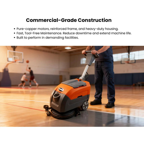 Beast 17 Inch Walk Behind Floor Scrubber Machine With 19,000 Sq Ft Per Hour Cleaning Power in a gym setting