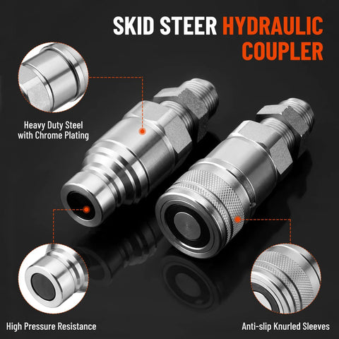 Racewill 1/2 in flat-face ISO 16028 hydraulic quick-connect couplers, chrome-plated pair, 5/8 in JIC bulkhead threads.