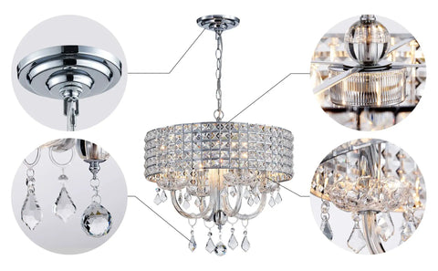 4 Light K9 Crystal Modern Chandelier For Living Room Ceiling Fixture With Adjustable Chain Up To 60 Inches, close-up details