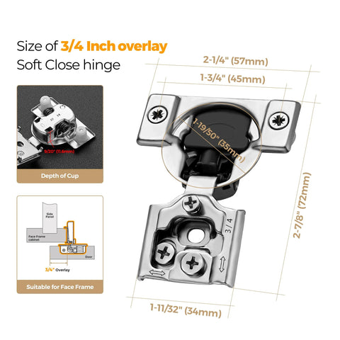 Two Pack Three Quarters Inch Overlay Cabinet Hinges With Soft Close For Kitchen Cabinets Stainless Steel Satin Nickel Finish Hidden Door Hinge Set Easy Install Includes Dowels And Mounting Screws with dimensions and diagrams.