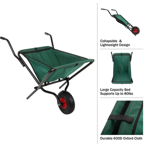 Folding Wheelbarrow With Collapsible Garden Cart For Lawn Care, 80Lb Capacity, Padded Handles, Easy Fold, Oxford Cloth