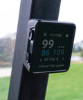 GPS Golf Handheld With Shot Tracking Front Middle And Back Green Distances And Hazards, mounted on a golf cart window.