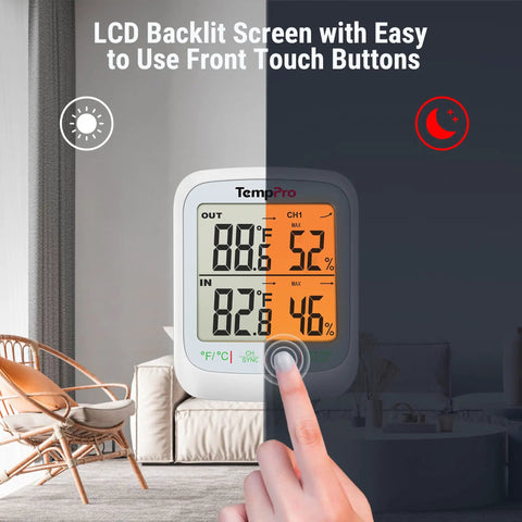 Longest Range Wireless Indoor Outdoor Thermometer With Sensor And Humidity Monitor 1000 Ft RF Tech For Real Time Temperature And Humidity Readings Easy Setup No Fuss Monitoring Crystal Clear Readings, LCD display with touch button