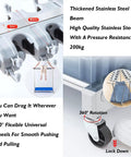 Heavy Duty Stainless Steel Mop And Broom Holder Rack Removable Organizer for Long Handled Tools and Rakes with wheels, close-up view.