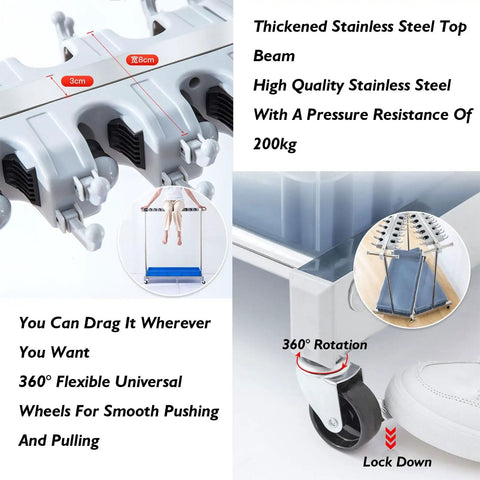 Heavy Duty Stainless Steel Mop And Broom Holder Rack Removable Organizer for Long Handled Tools and Rakes with wheels, close-up view.