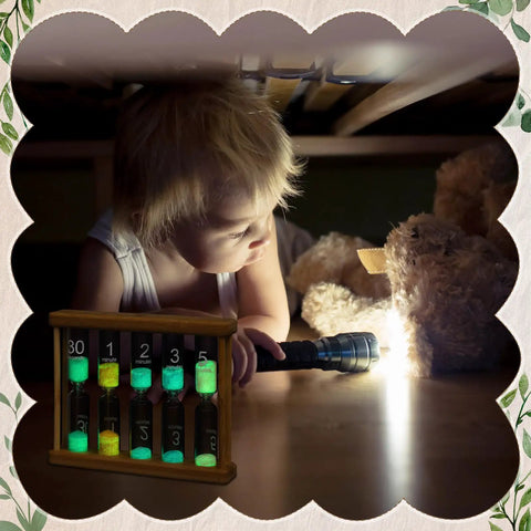 Child with flashlight and Glow In The Dark Sand Timer Set 0.5 1 2 3 5 Minute Wooden Hourglass Luminous Timers under bed