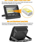 Close-up of Solar Flood Light Outdoor 1000LM Dual showing 43*2 LED setup and die-cast aluminum lamp body front and back views